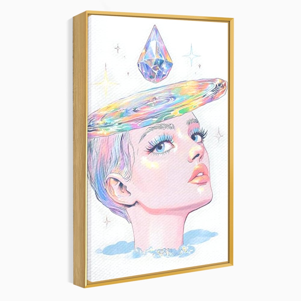Tablou canvas cu ilustratie cu portret de femeie si galaxie, in rama de aluminiu auriu